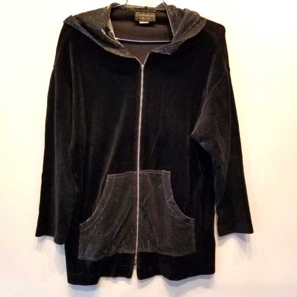 Vintage 90's Black Velour Cardigan Shimmer Hooded Sweatshirt Size M - Picture 1 of 13